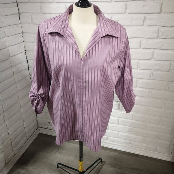 DCC Stretch Junior Plus Ladies Purple Black & White Striped Zipper Closure Shirt - Picture 1 of 8